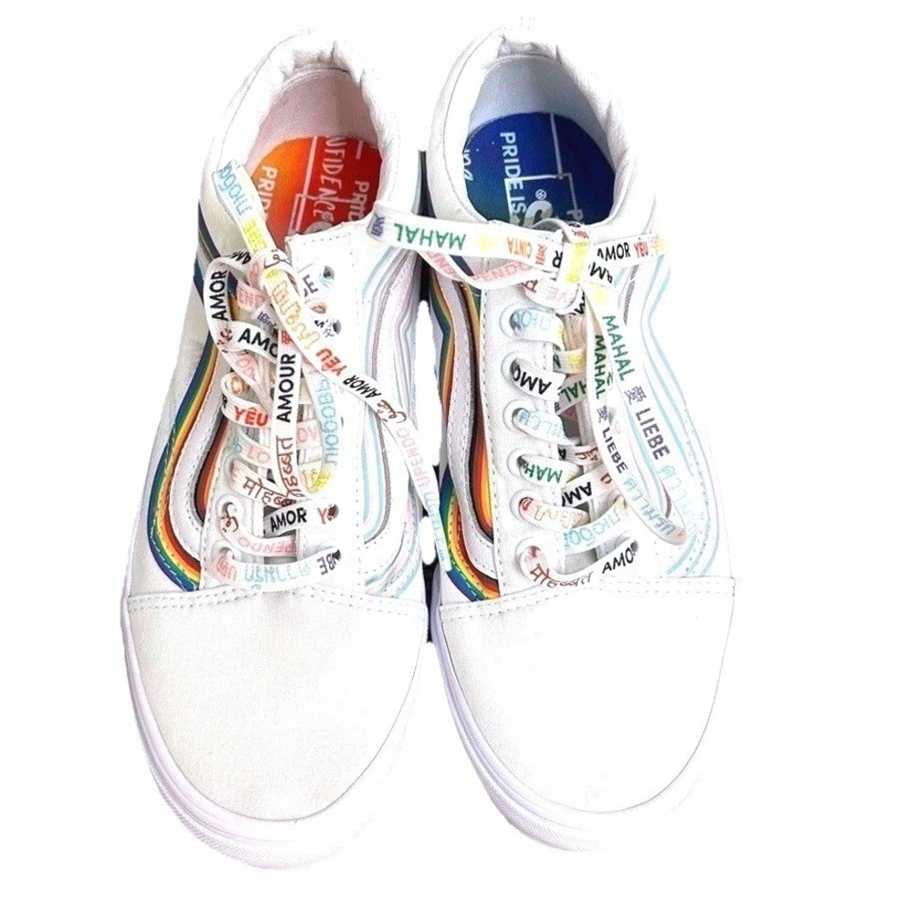 Vans Old Skool Pride White‎ Rainbow Sneakers Multilingual Laces LGBQT W 9 M 7.5